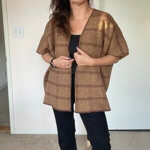 Artisan Brown Textured Knit Windowpane Cardigan Kimono Boho Cozy Layering